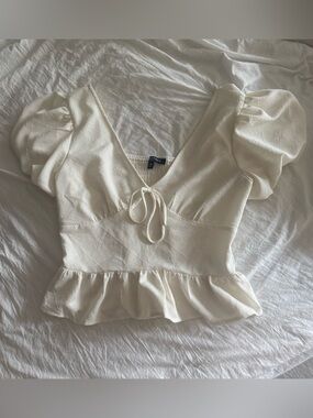One Clothing Los Angeles White Cottagecore Peplum Puff Sleeve Blouse Top M